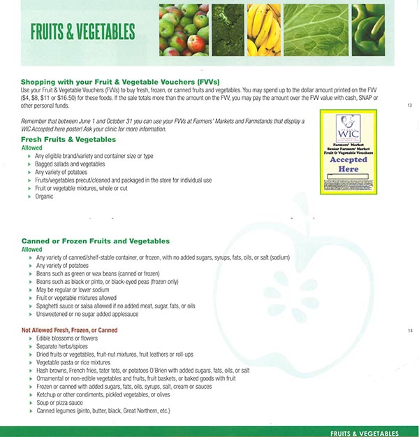 Alaska WIC Food List Fruits and Vegetables