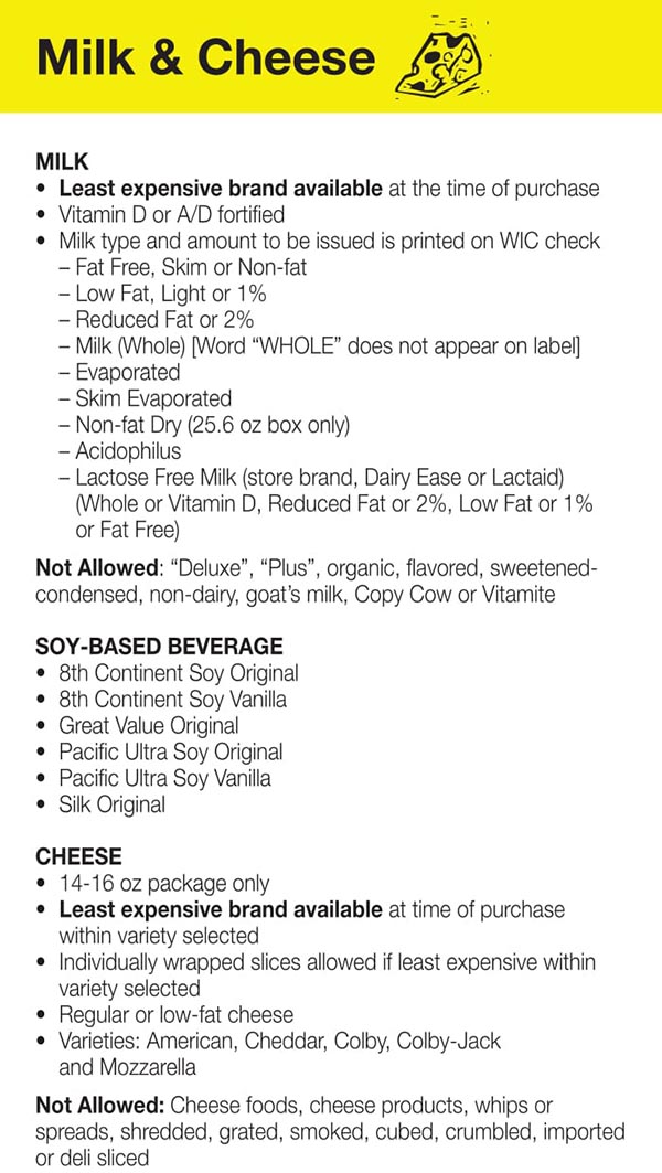 Arkansas WIC Food List Milk and Cheese