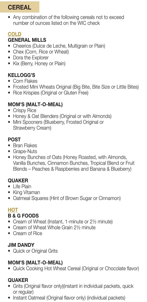 Arkansas WIC Food List Cereal