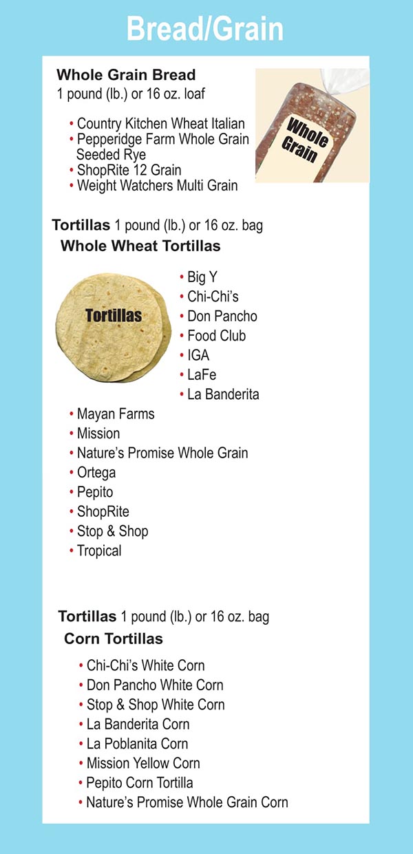 Connecticut WIC Food List Whole Grain Bread, Whole Weat Tortillas and Corn Tortillas