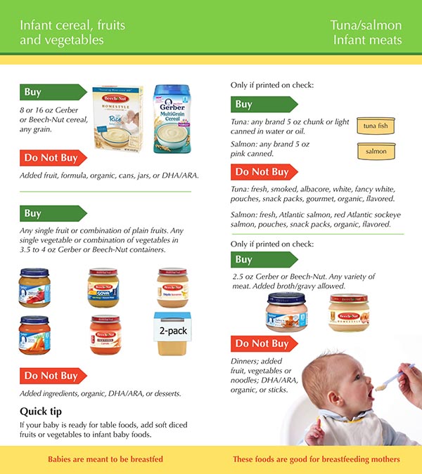 Idaho WIC Food List Infant Cereal, Tuna, Salmon, infant meats, Fruits and Vegetables