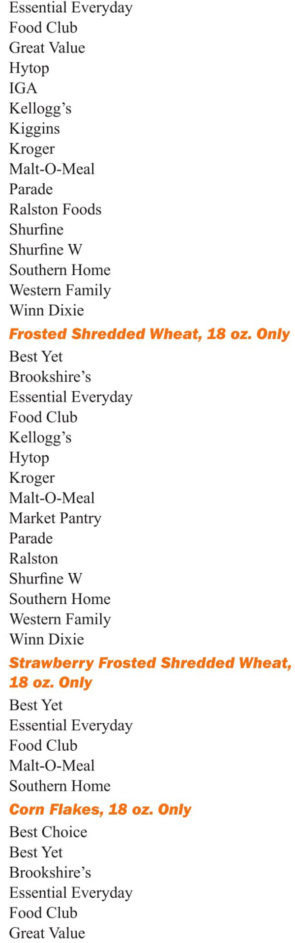 Louisiana WIC Food List Frosted Shredded Wheat, Strawberry Frosted Shredded Wheat and Corn Flakes