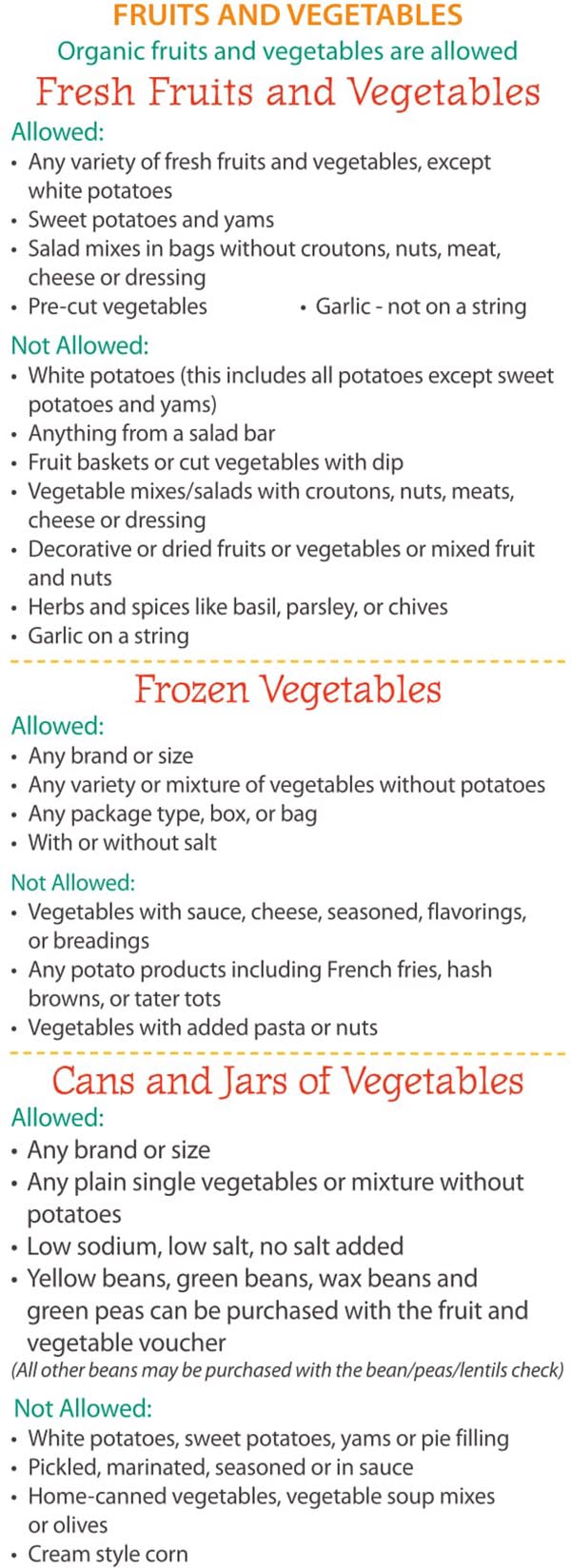 Maine WIC Food List Fruits and Vegetables