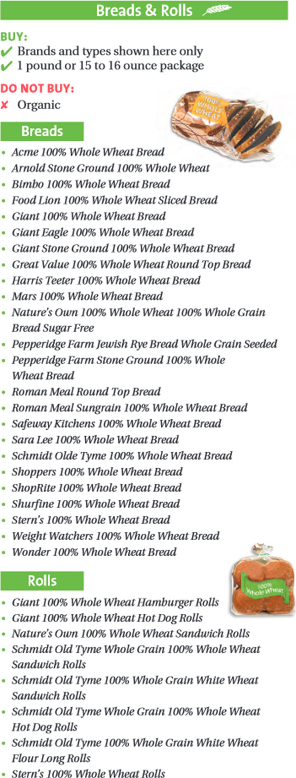 Maryland WIC Food List Breads and Rolls