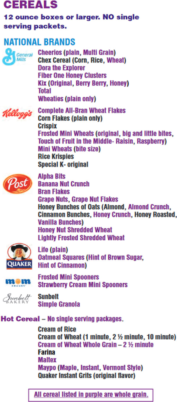 Massachusetts WIC Food List Cereals