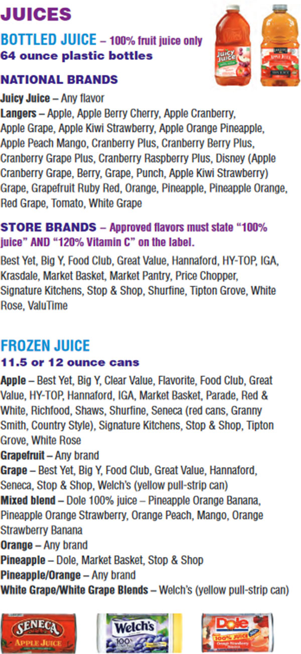Massachusetts WIC Food List Juices, Bottle Juice and Frozen Juice