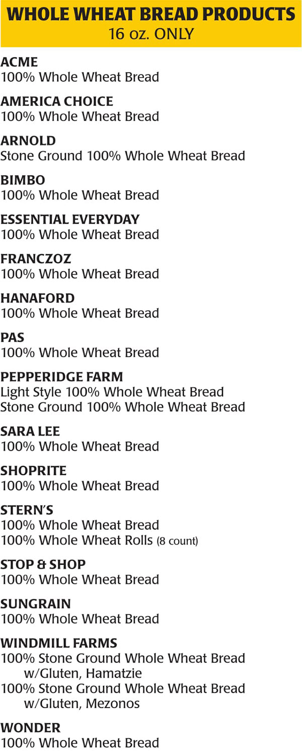 New Jersey WIC Food List Whole Wheat Bread Products