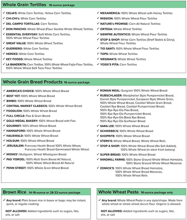 New York WIC Food List Whole Grain Tortillas, Whole Grain Bread Products, Brown Rice, Whole Wheat Pasta