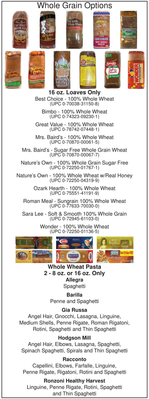 Oklahoma WIC Food List Whole Grain Options, Whole Wheat Pasta and Whole Grain Loaves
