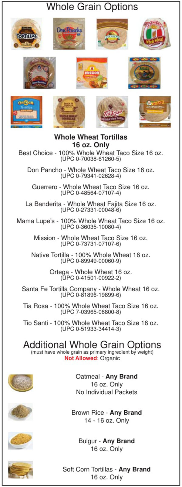 Oklahoma WIC Food List Whole Grain Options and Whole Wheat Tortillas
