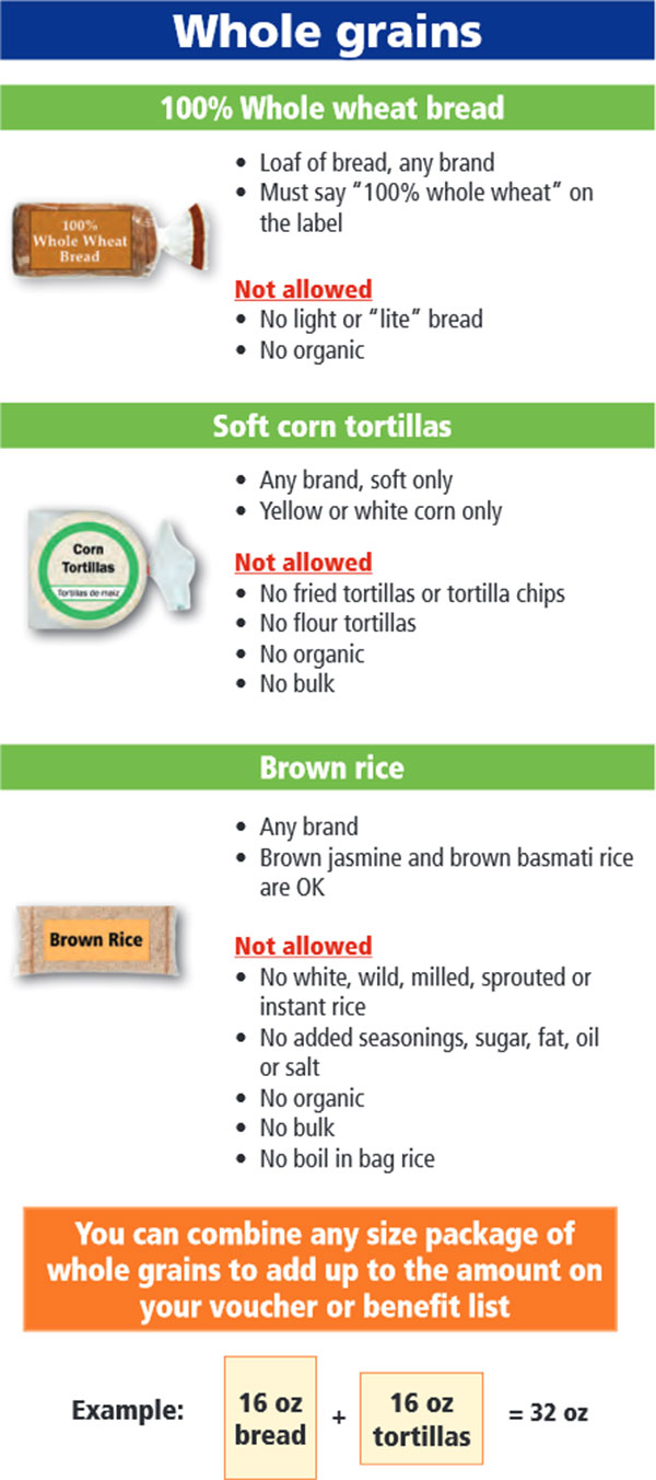 Oregon WIC Food List Whole Grains, Whole Wheat Bread, Soft Corn Tortillas and Brown Rice