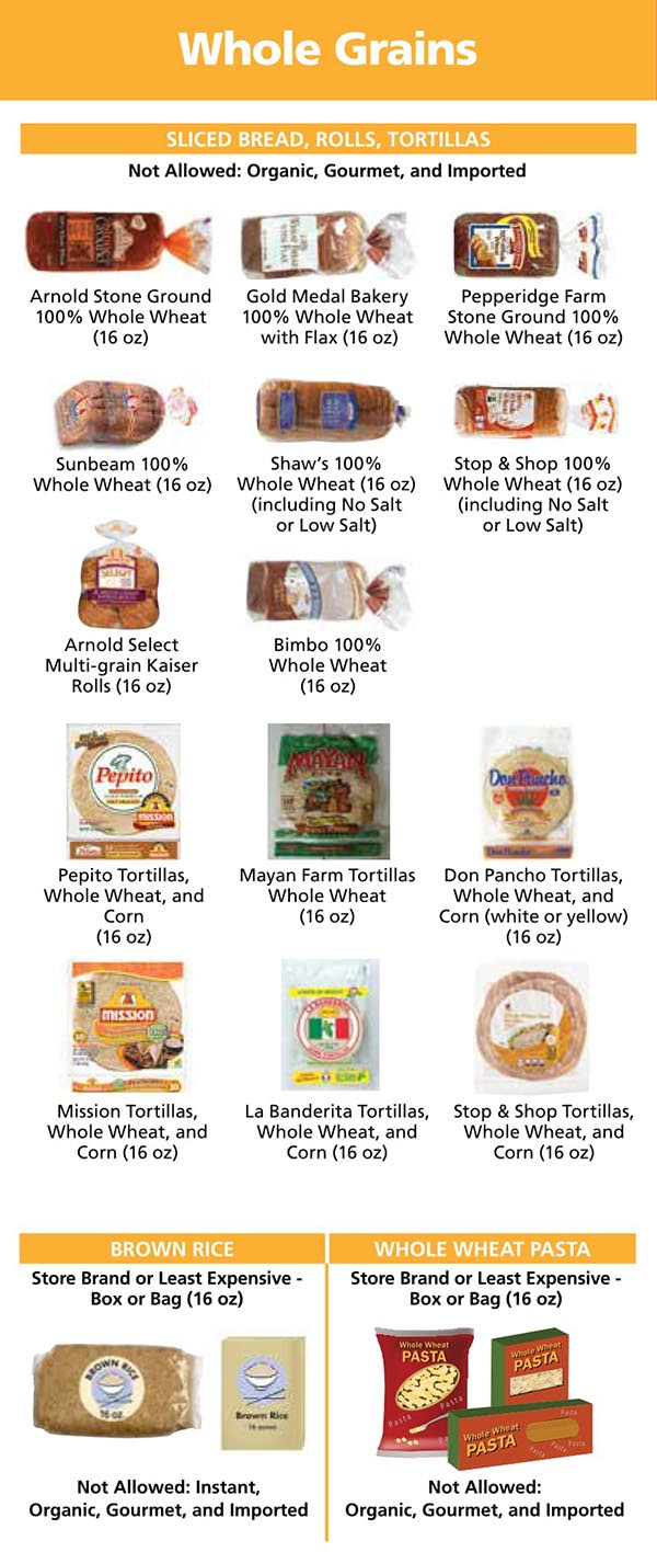 Rhode Island WIC Food List Whole Grains, Sliced Bread, Brown Rice, Whole Wheat Pasta, Rolls and Tortillas