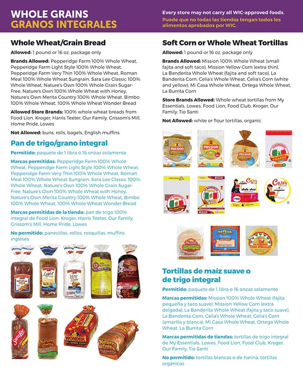 South Carolina WIC Food List Whole Grains, Whole Wheat, Grain Bread, Soft Corn Tortillas and Wheat Tortillas