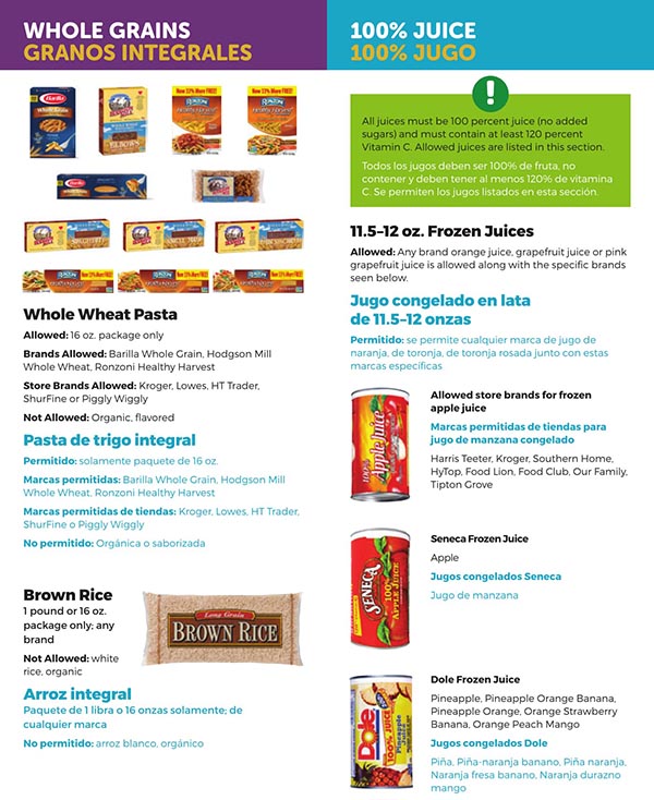 South Carolina WIC Food List Whole Grains, Whole Wheat Pasta, Brown Rice, Juice and Frozen Juice