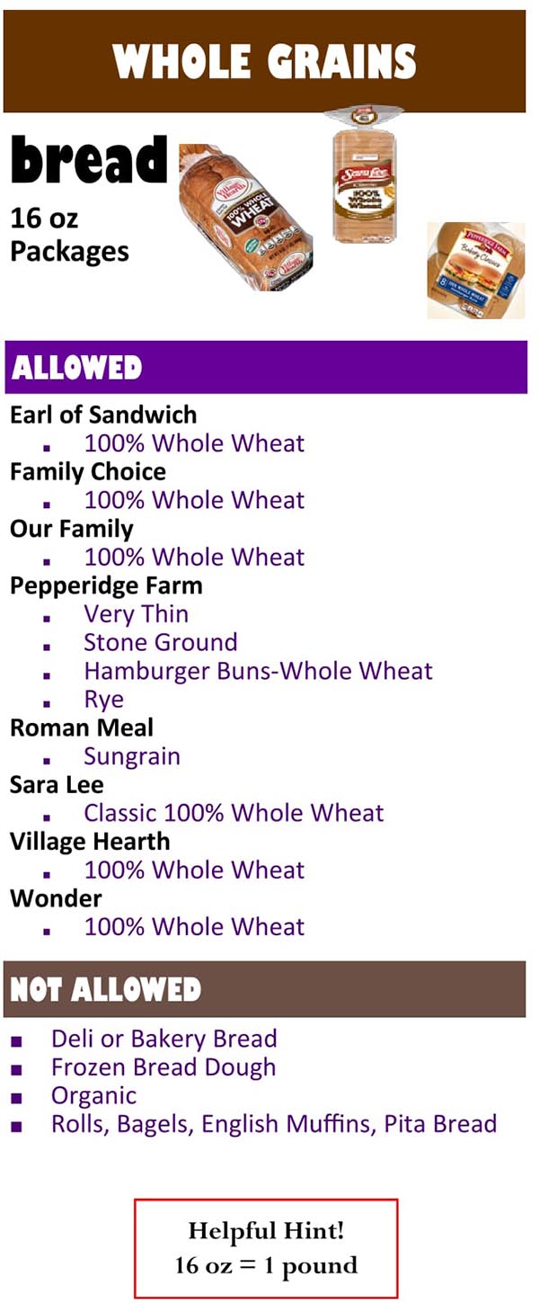 South Dakota WIC Food List Whole Grains Bread 16oz Packages