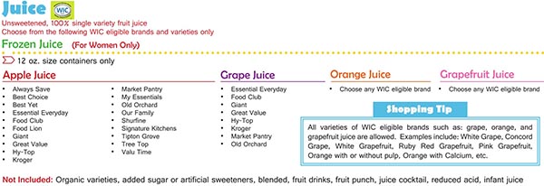 Virginia WIC Food List Juice, Apple Juice, Grape Juice and Frozen Juice