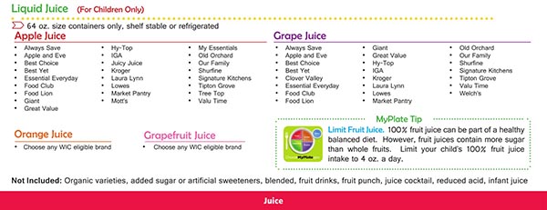 Virginia WIC Food List Liquid Juice
