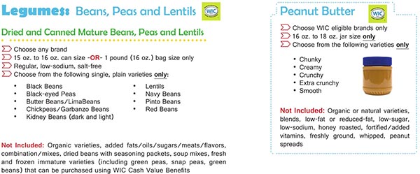 Virginia WIC Food List Beans, Peas, Lentils, Dried Beans, Canned Mature Beans and Peanut Butter