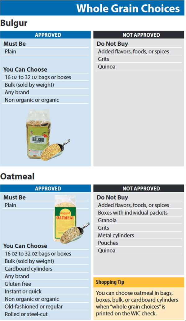 Washington WIC Food List Whole Grain Choices, Bulgur and Oatmeal
