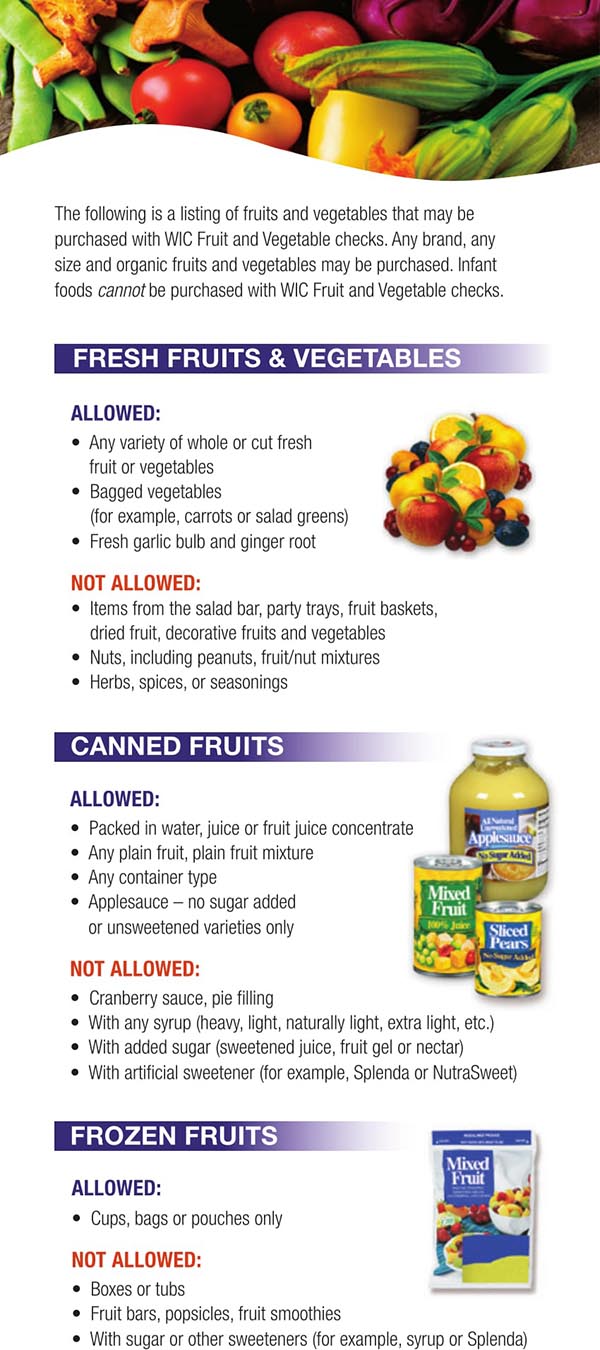 Wisconsin WIC Food List Canned Fruits, Frozen Fruits, Fruits and Vegetables