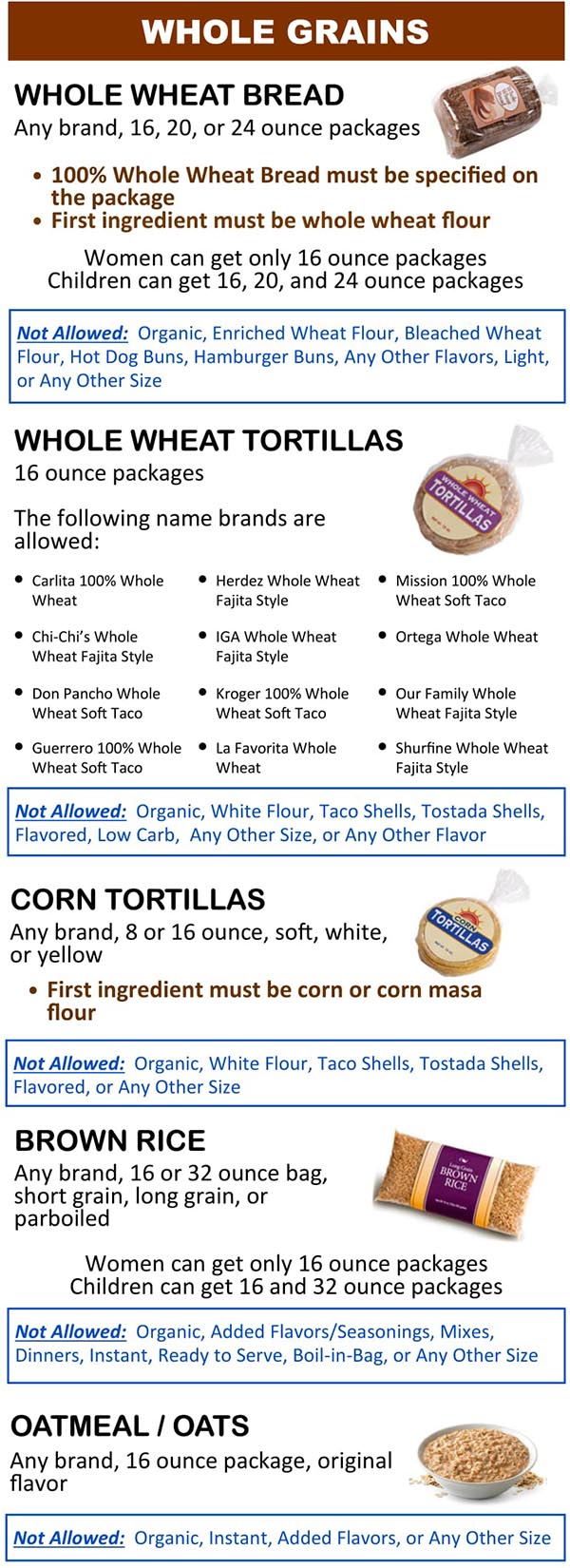 Wyoming WIC Food List Whole Grains, Whole Wheat Bread, Whole Wheat Tortillas, Corn Tortillas, Brown Rice and Oatmeal