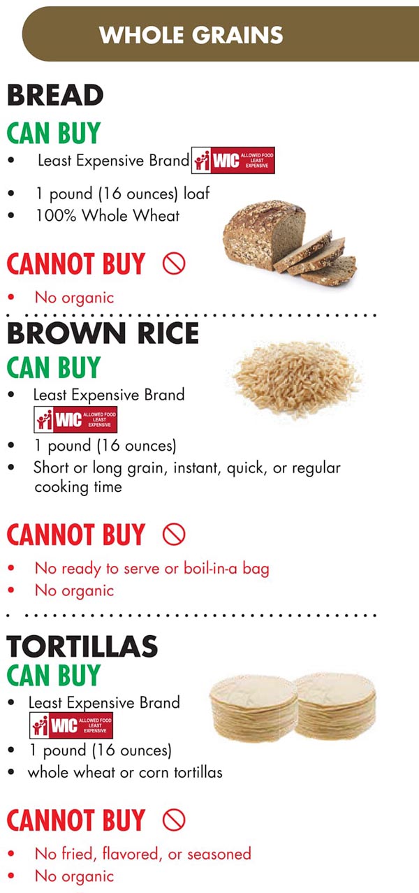 Hawaii WIC Food List Whole Grains, Bread, Brown Rice and Tortillas
