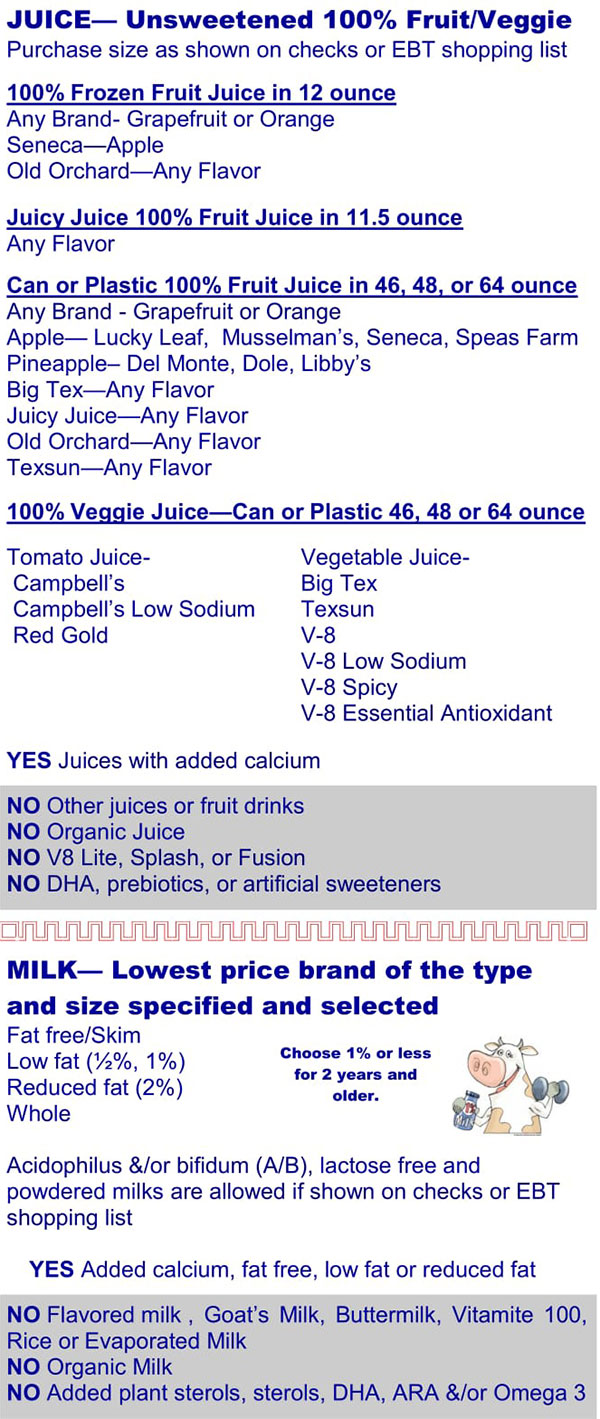 Kentucky WIC Food List Juice and Milk