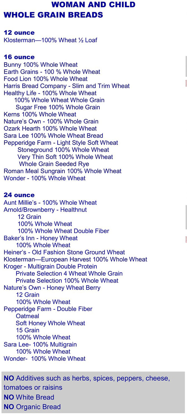 Kentucky WIC Food List Woman and Children Whole Grain Breads