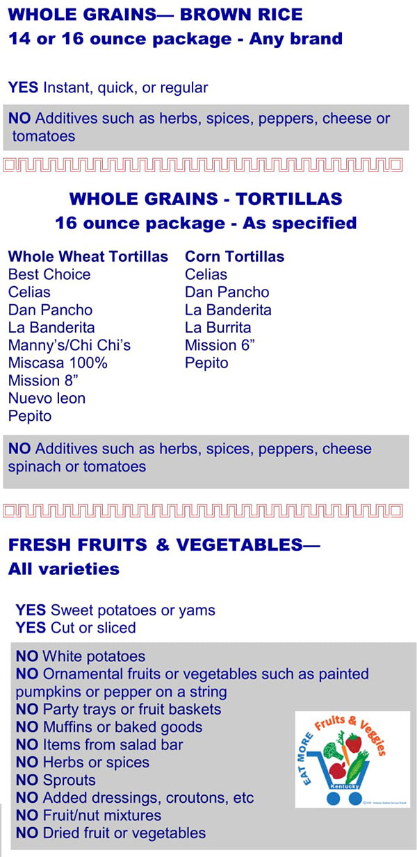 Kentucky WIC Food List Whole Grains, Brown Rice, Tortillas, Fresh Fruit and Vegetables