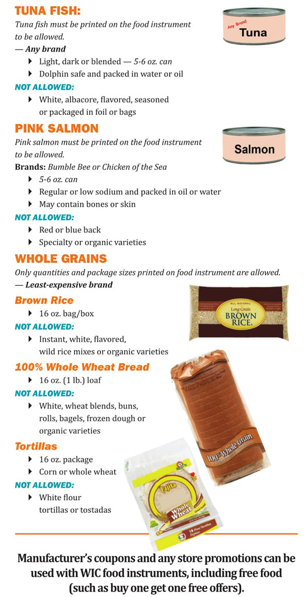 Louisiana WIC Food List Tuna Fish, Pink Salmon, Whole Grains, Brown Rice, Whole Wheat Bread and Tortillas