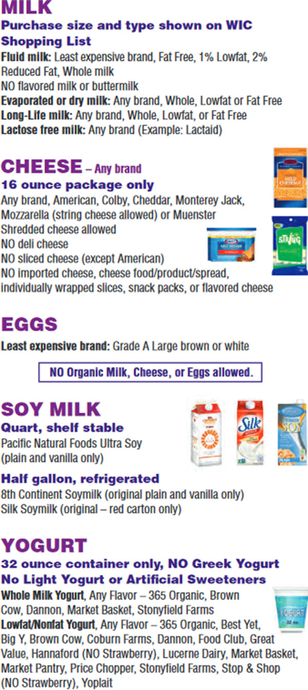 Massachusetts WIC Food List Milk, Cheese, Eggs, Soy Milk and Yogurt