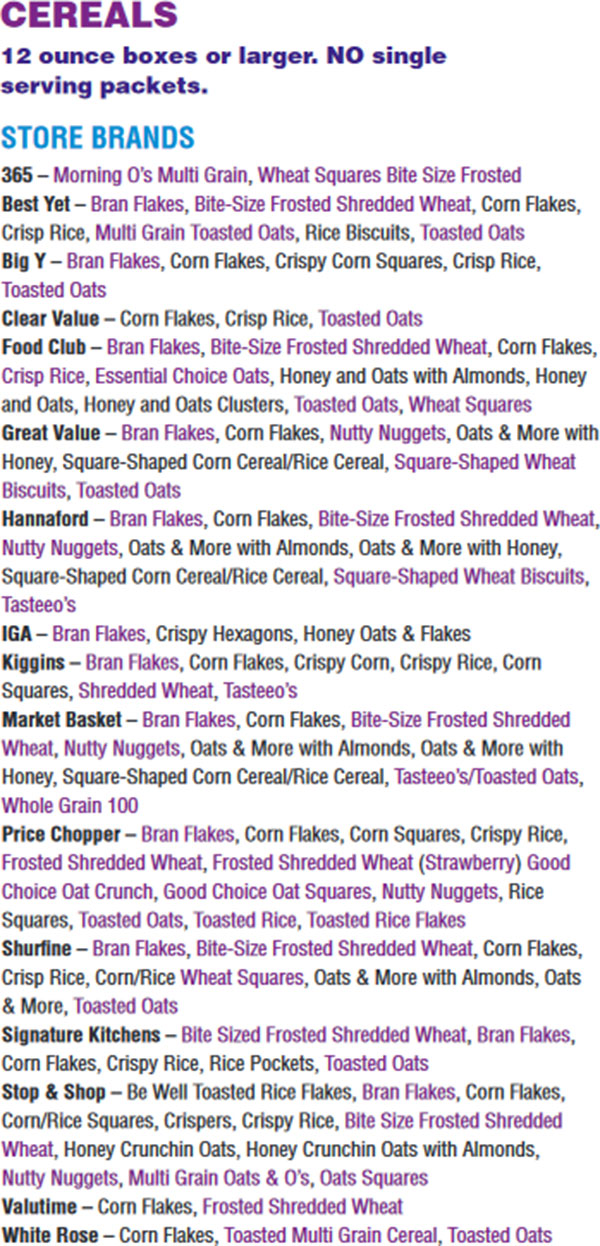 Massachusetts WIC Food List Store Brand Cereals