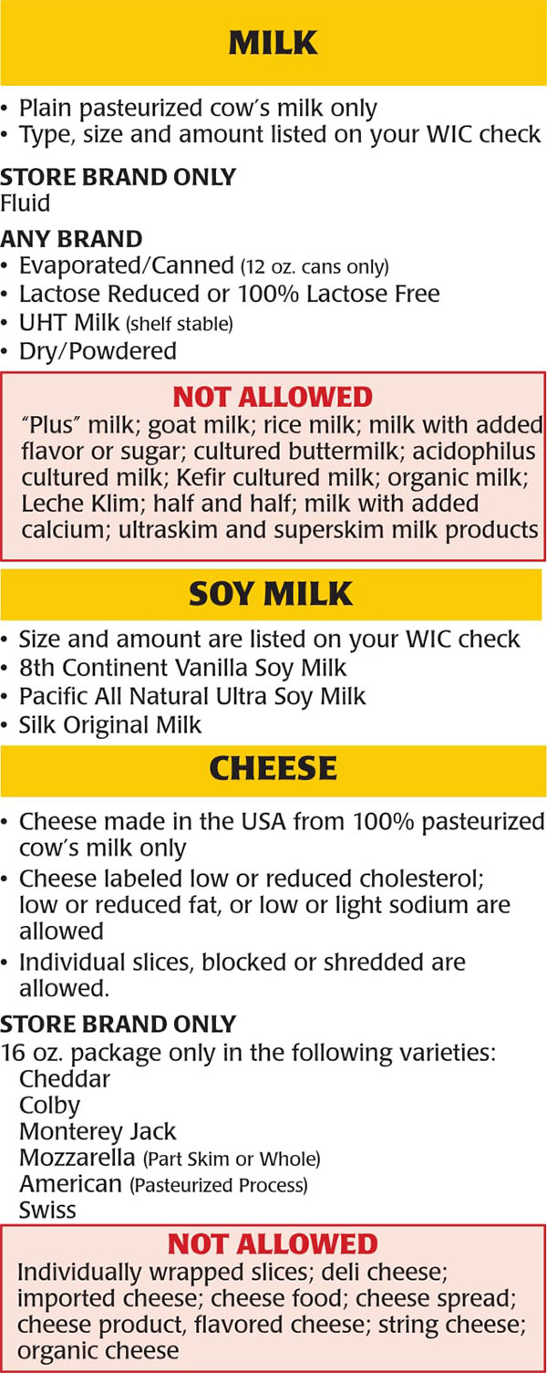 New Jersey WIC Food List Milk, Soy Milk and Cheese