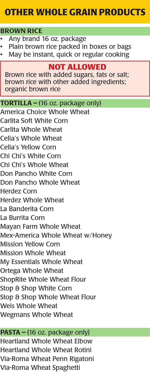 New Jersey WIC Food List Brown Rice, Tortillas, Pasta and Other Whole Grain Products