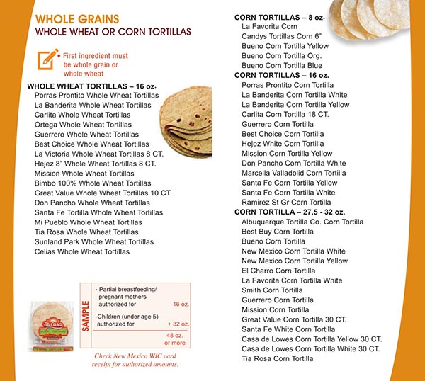 New Mexico WIC Food List Whole Grains, Corn Tortillias and Whole Wheat Tortillas