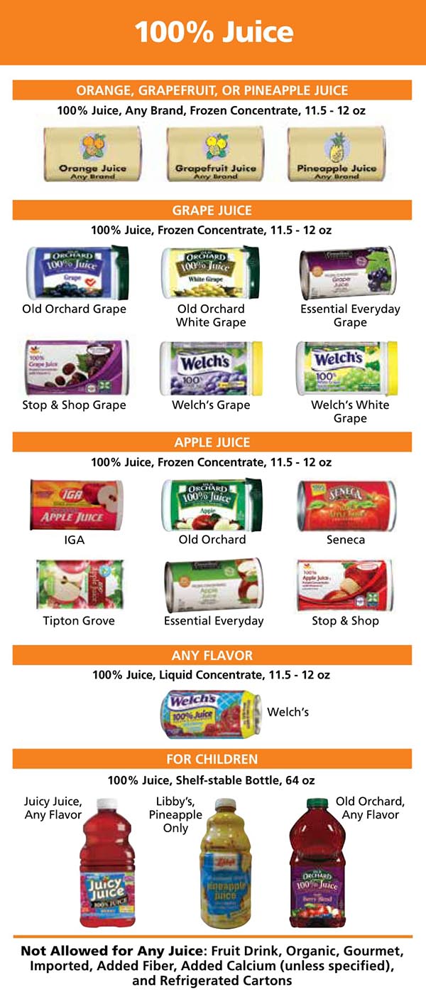 Rhode Island WIC Food List Juice, Orange, Grapefruit, Pineapple Juice, Grape and Apple Juice