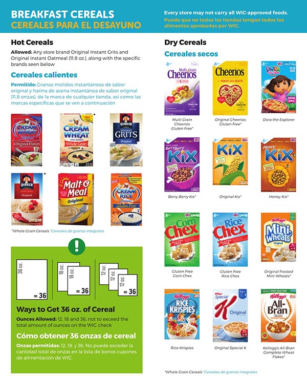 South Carolina WIC Food List Breakfast Cereals, Hot Cereals and Dry Cereals