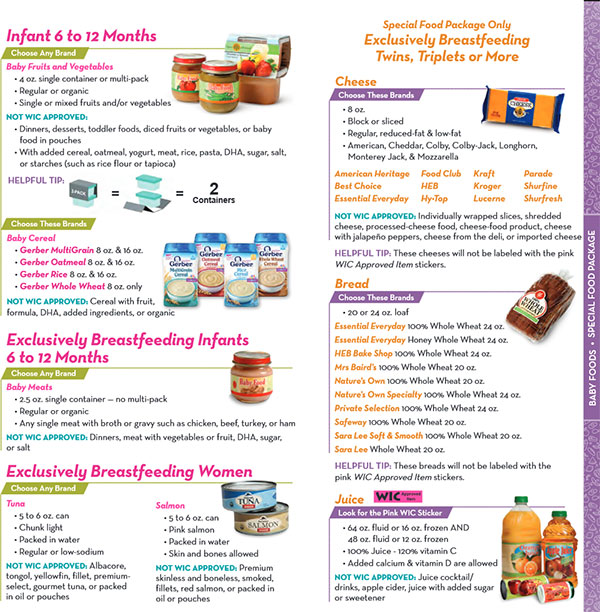 Texas WIC Food List Infant 6 to 12 Months, Cheese, Bread, Juice, Exclusively Breastfeeding Women and Infants