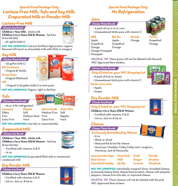 Texas WIC Food List Lactose Free Milk, Soy Milk, Tofu, Evaporated Milk, Dry Powder Milk, Juice and Cheese