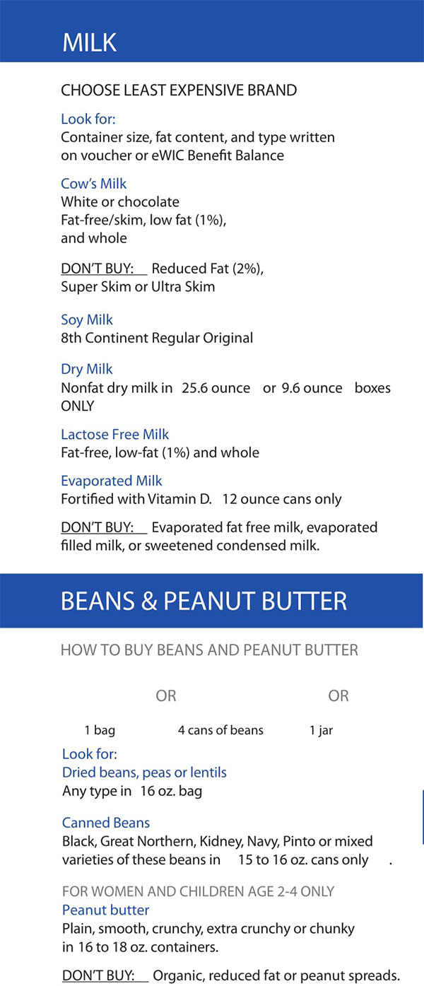West Virginia WIC Food List Milk, Beans and Peanut Butter
