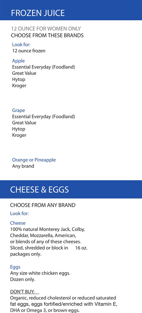 West Virginia WIC Food List Frozen Juice, Cheese and Eggs