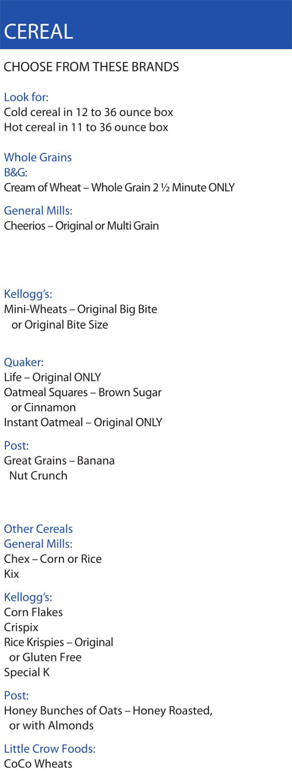 West Virginia WIC Food List Cereal